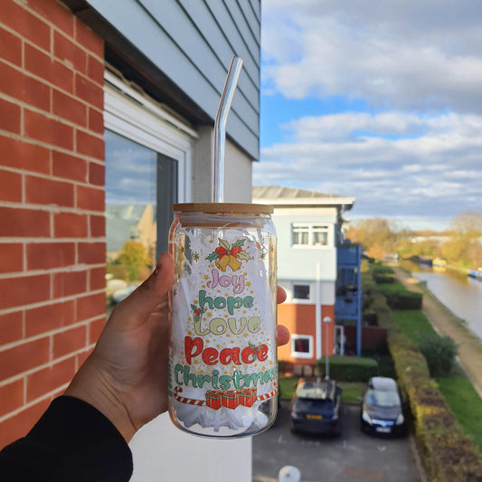 Joy Hope Love Peace Christmas Glass Tumbler 16 oz with glass straw, Brew Tumbler, Beer Cans Holiday and Christmas Gift, Secret Santa Gifts