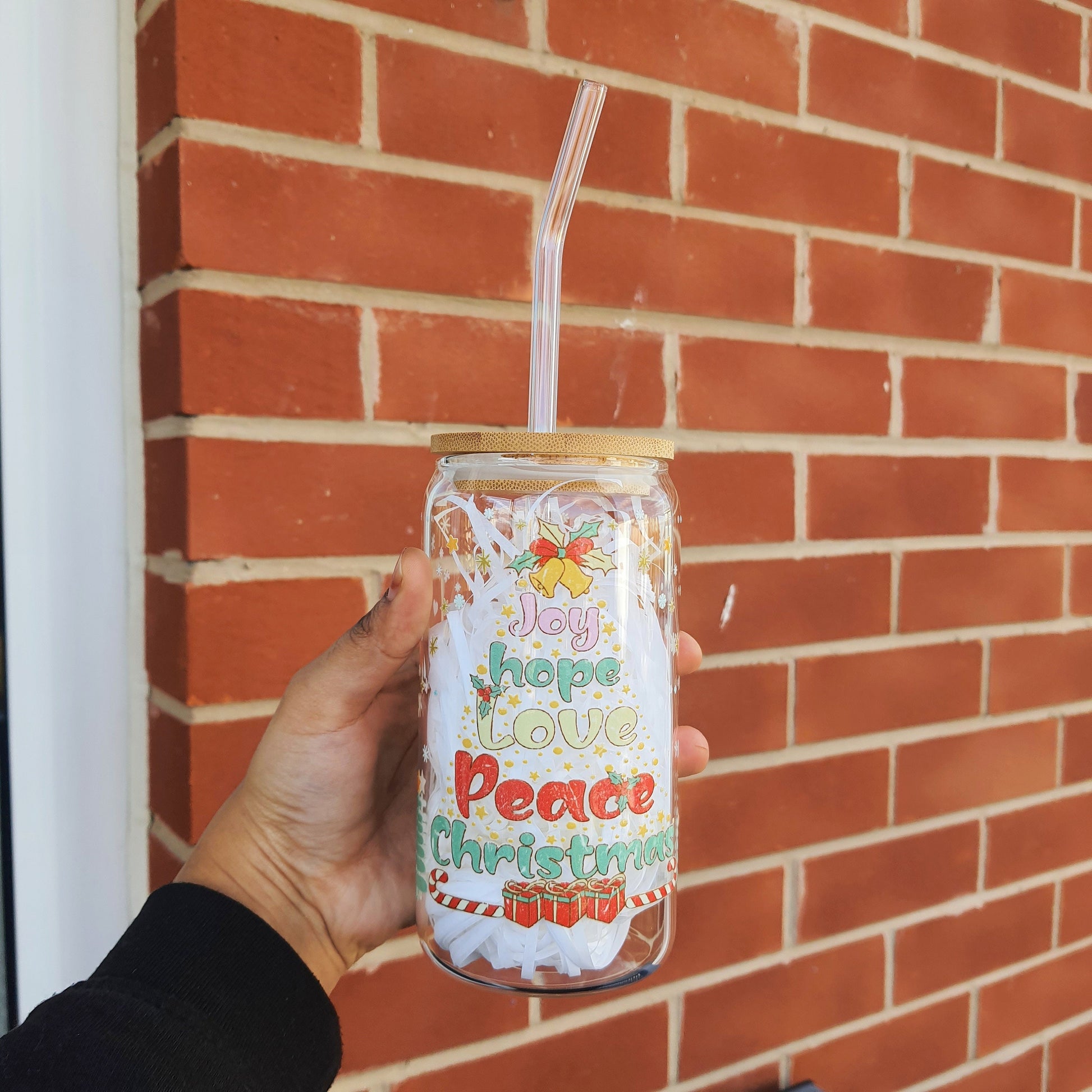 Joy Hope Love Peace Christmas Glass Tumbler 16 oz with glass straw, Brew Tumbler, Beer Cans Holiday and Christmas Gift, Secret Santa Gifts