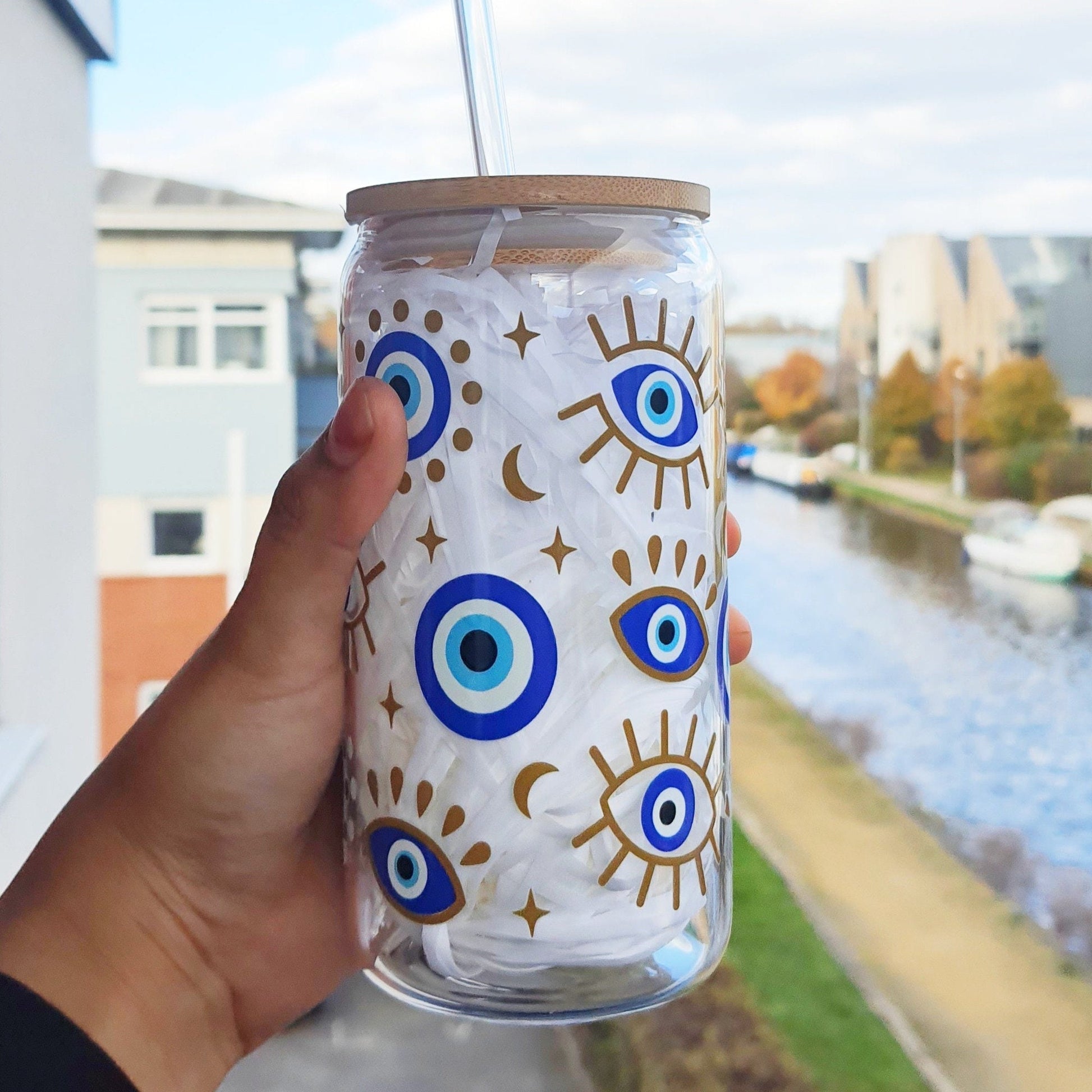 Evil Eye Themed Gift Glass Tumbler 16 oz , Libby Cup Evil Eye theme, Blue Eye Gifts for Loved ones, Iced Coffee Tumbler, Show Care Gifts