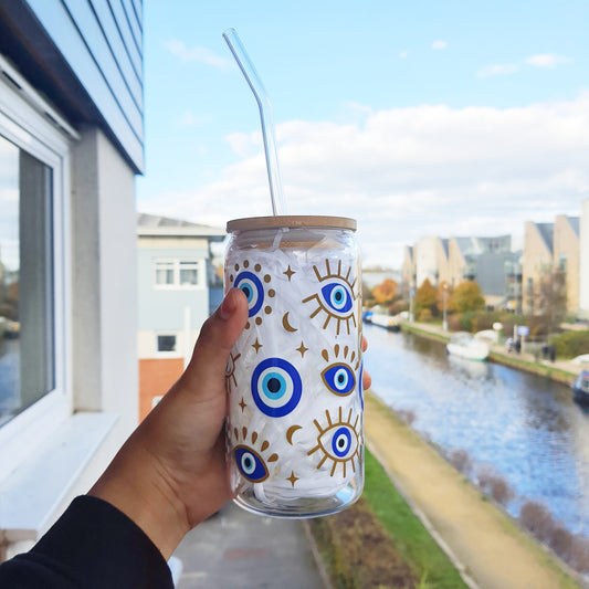 Evil Eye Themed Gift Glass Tumbler 16 oz , Libby Cup Evil Eye theme, Blue Eye Gifts for Loved ones, Iced Coffee Tumbler, Show Care Gifts
