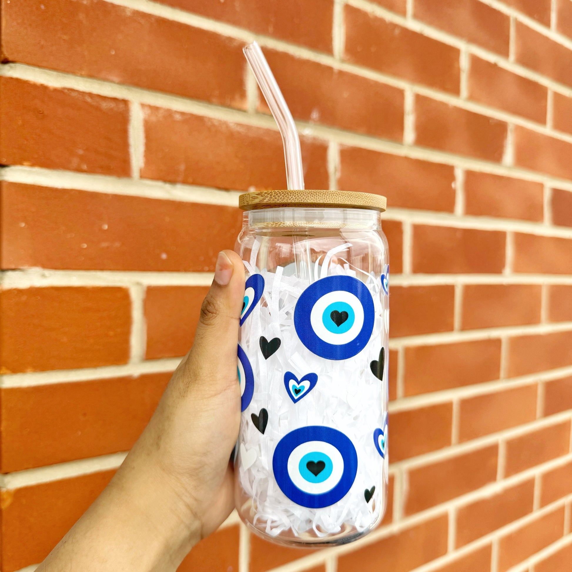 Blue Evil Eye Glass Tumbler, 16 oz Libby Cup - Heart Design, Perfect Gift for Loved Ones, Iced Coffee, Show Care