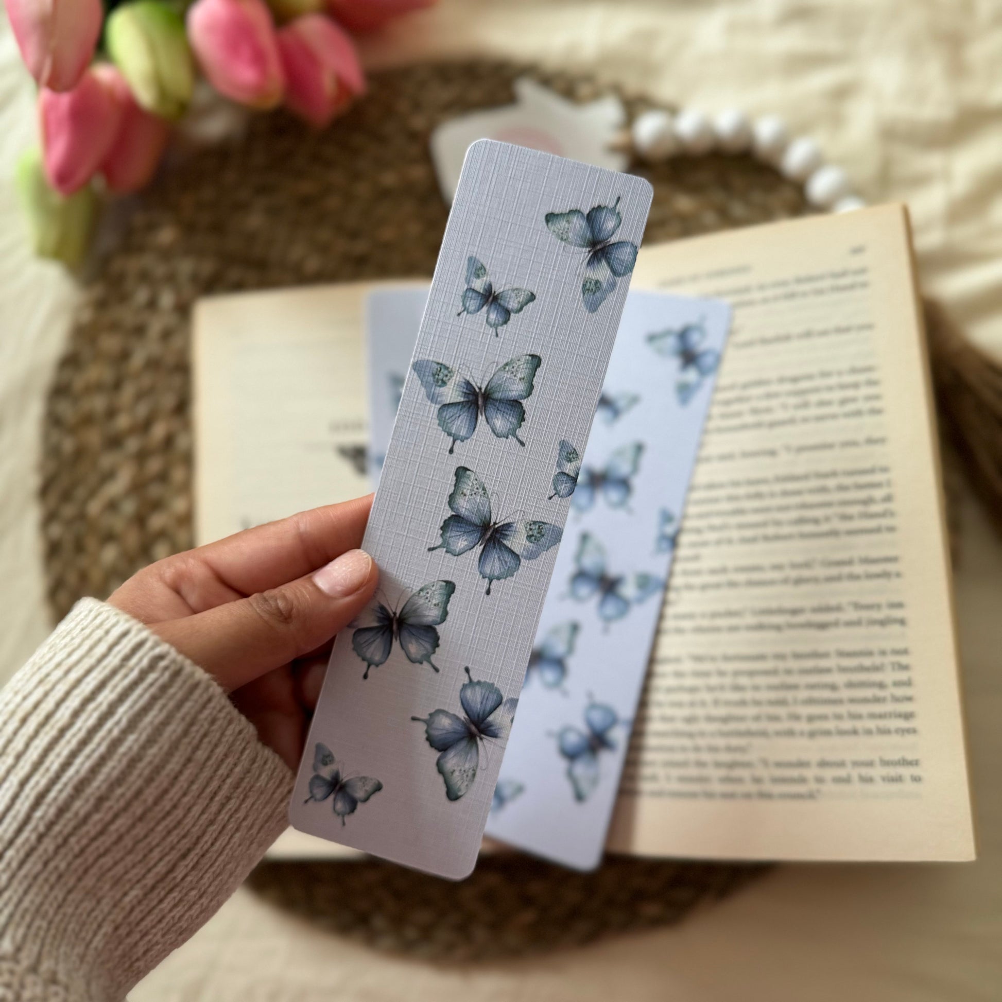 Butterfly Bookmark for Book Lovers two sided , Blue Butterfly Bookmark, Linen Bookmark, Booklover Gifts,Teachers Gift, Bookish Gift