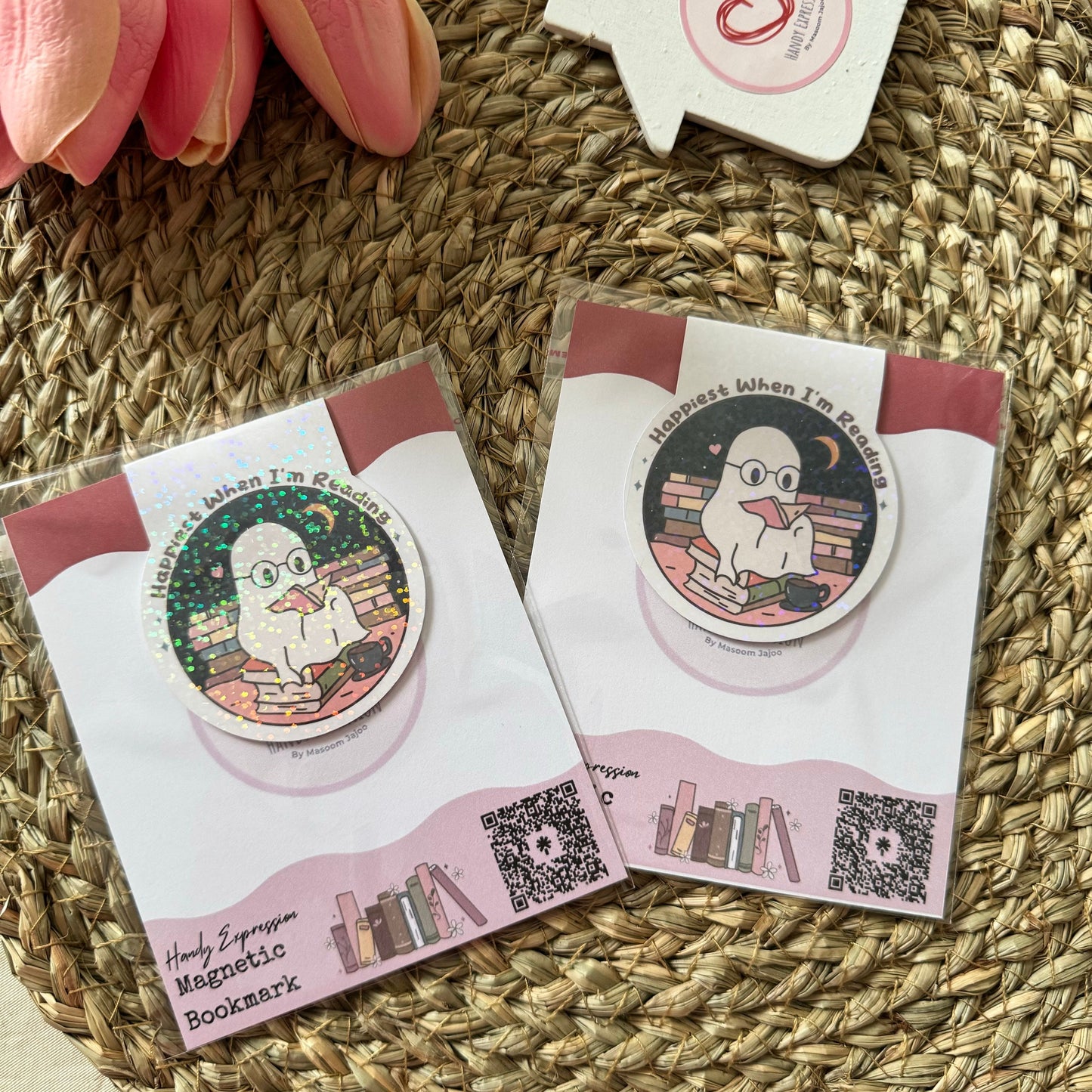 Happiest when I am reading cute boo bookish magnetic bookmark for book lovers, Cute Spooky Bookmark, Holographic bookmark for book lovers