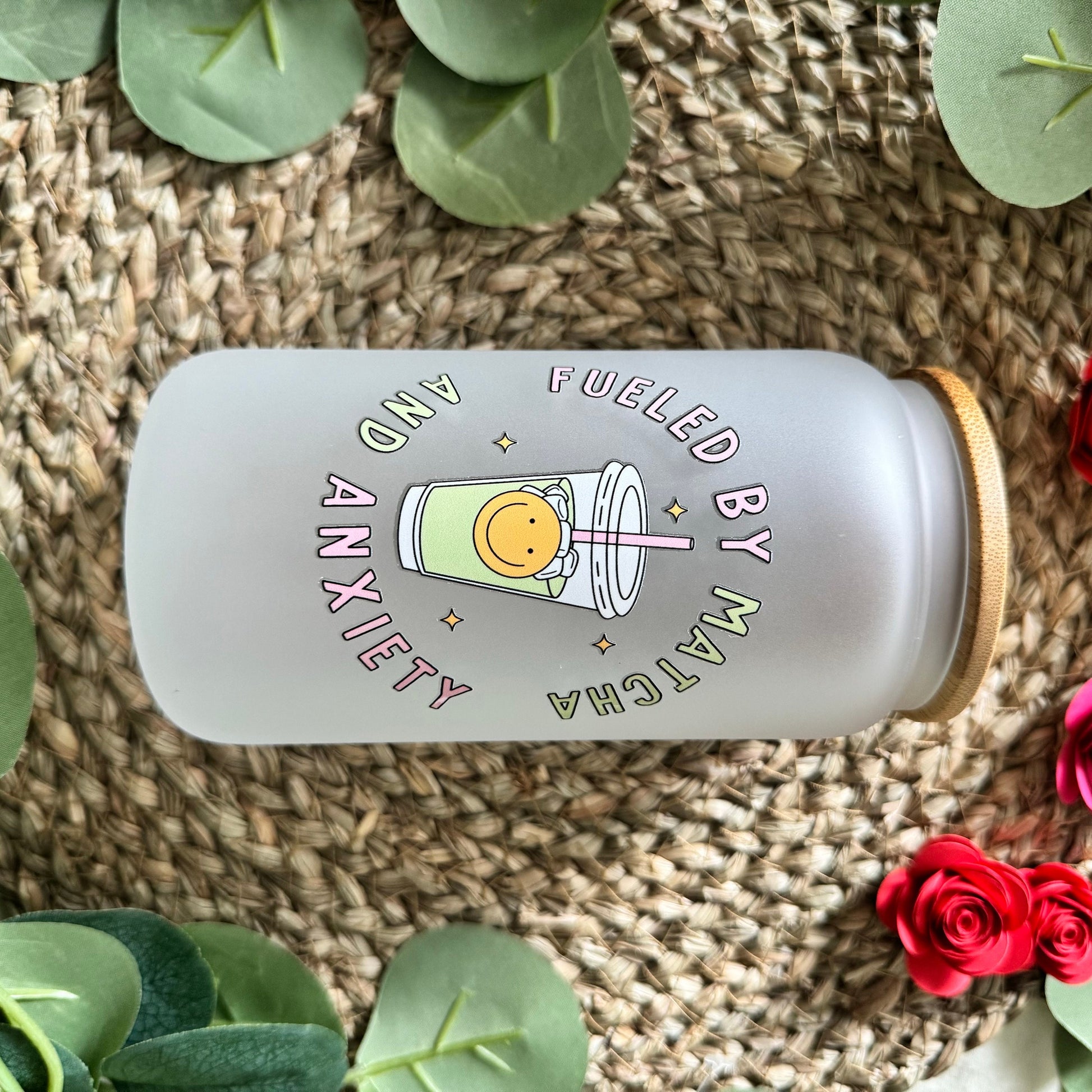 Fueled by Coffee and Matcha frosted iced coffee can for coffee lovers,Coffee Glass Tumbler, Iced Coffee Cup for Coffee Lovers