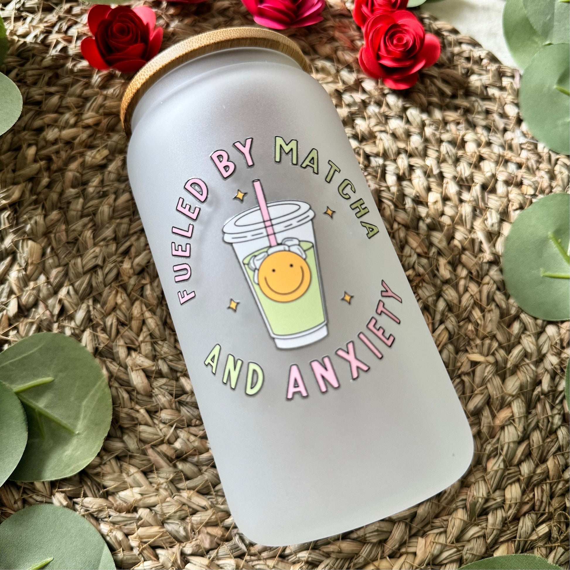 Fueled by Coffee and Matcha frosted iced coffee can for coffee lovers,Coffee Glass Tumbler, Iced Coffee Cup for Coffee Lovers