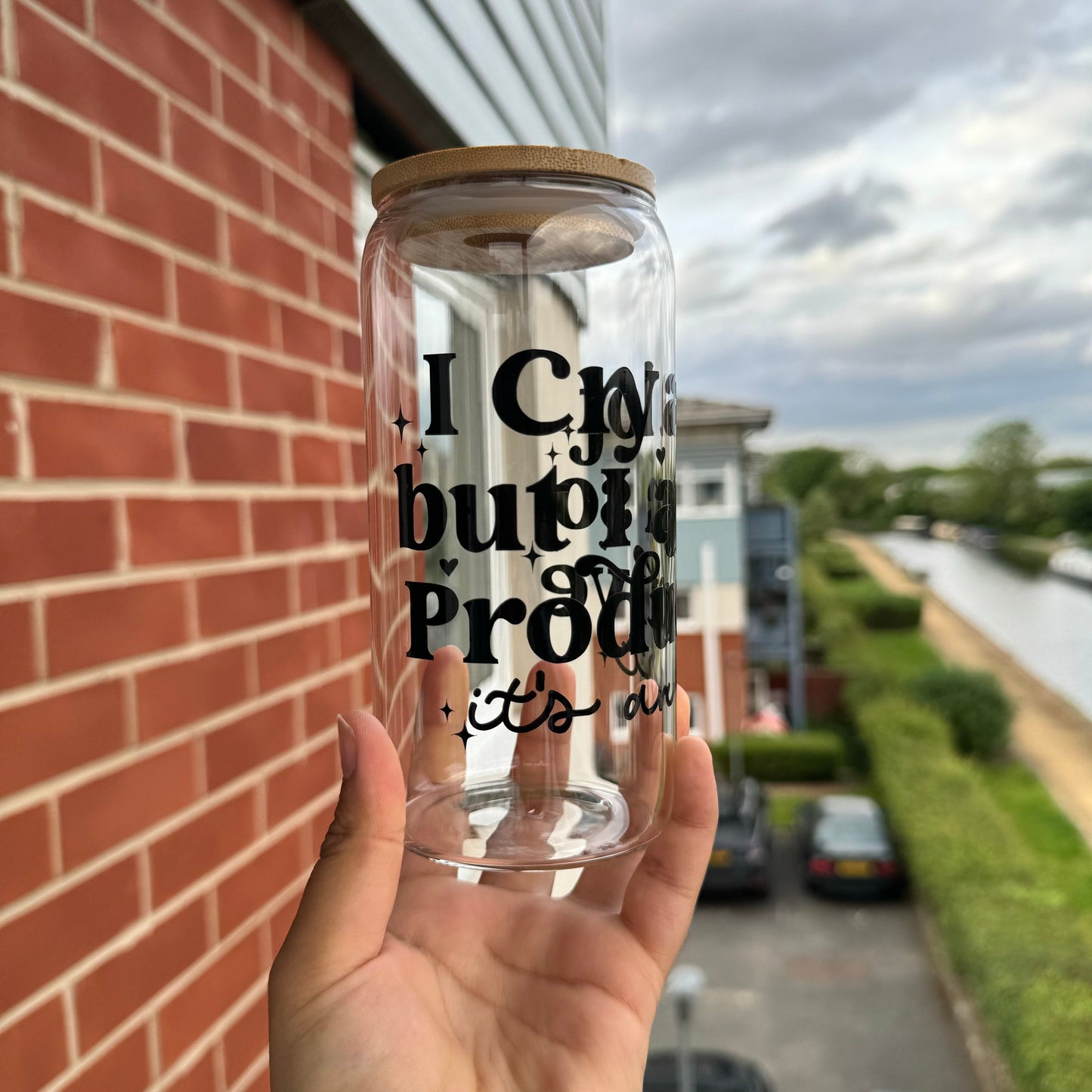 Eras tour Tswift TTPD Coffee Can Glass, I cry alot but I am so Productive glass can,16oz Beer Can Glass with Bamboo Lid and Glass Straw