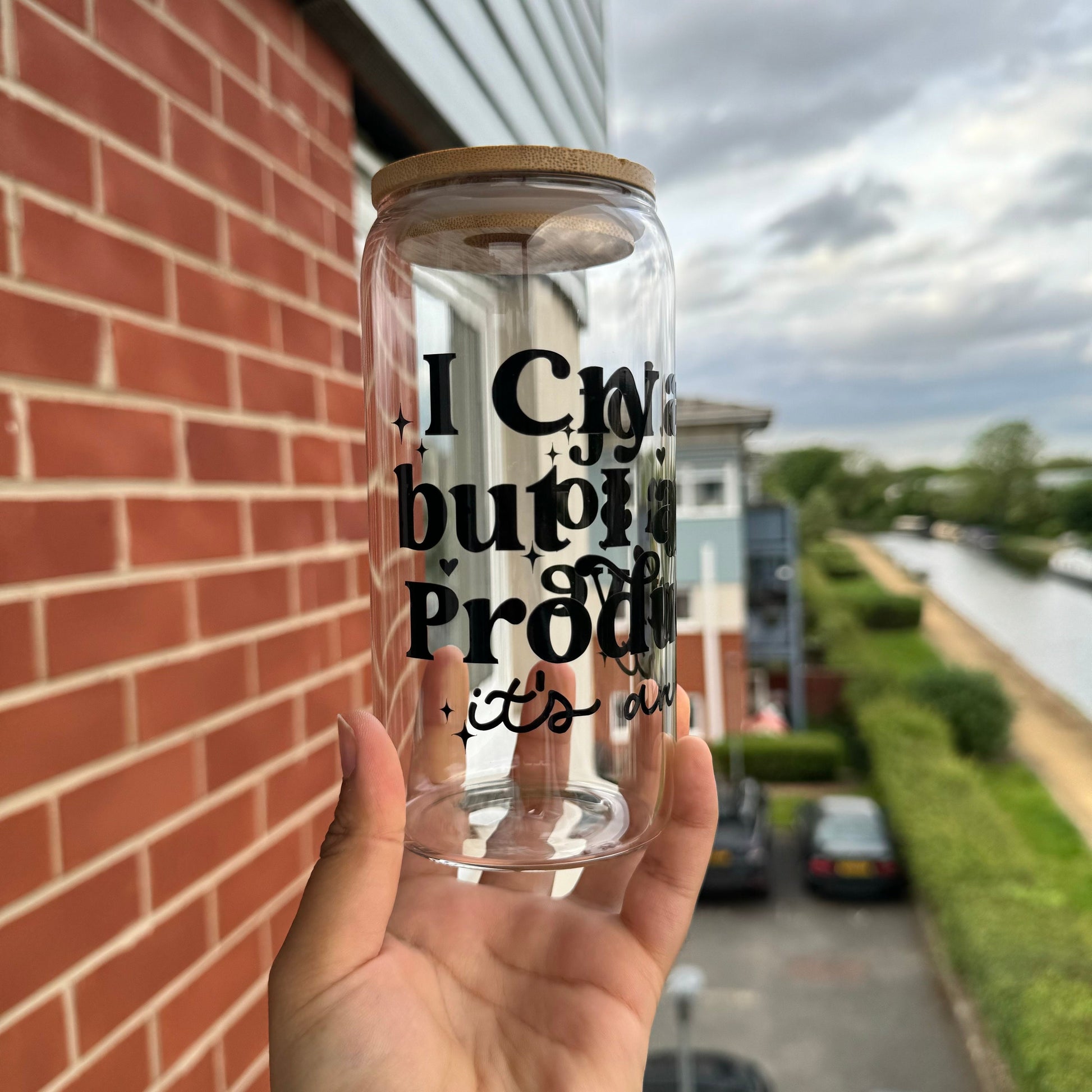 Eras tour Tswift TTPD Coffee Can Glass, I cry alot but I am so Productive glass can,16oz Beer Can Glass with Bamboo Lid and Glass Straw