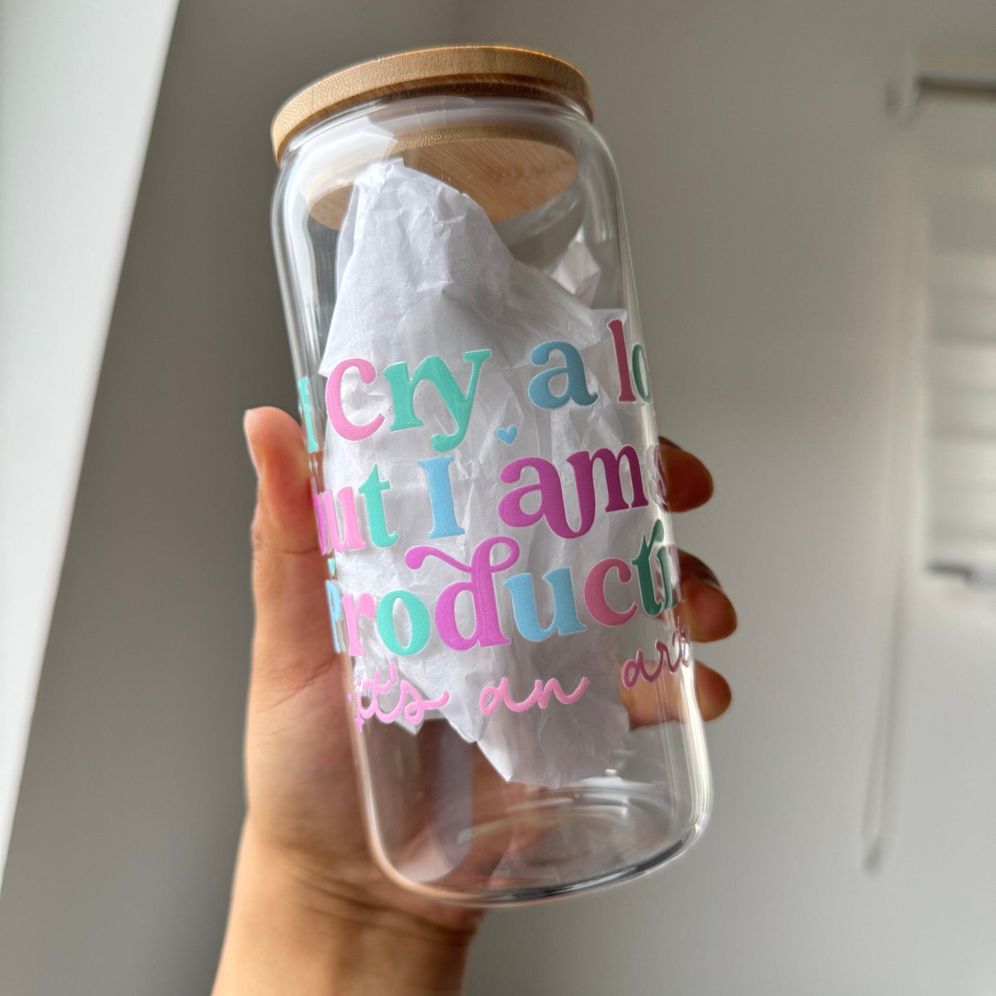 Eras tour Tswift TTPD Coffee Can Glass, I cry alot but I am so Productive glass can,16oz Beer Can Glass with Bamboo Lid and Glass Straw