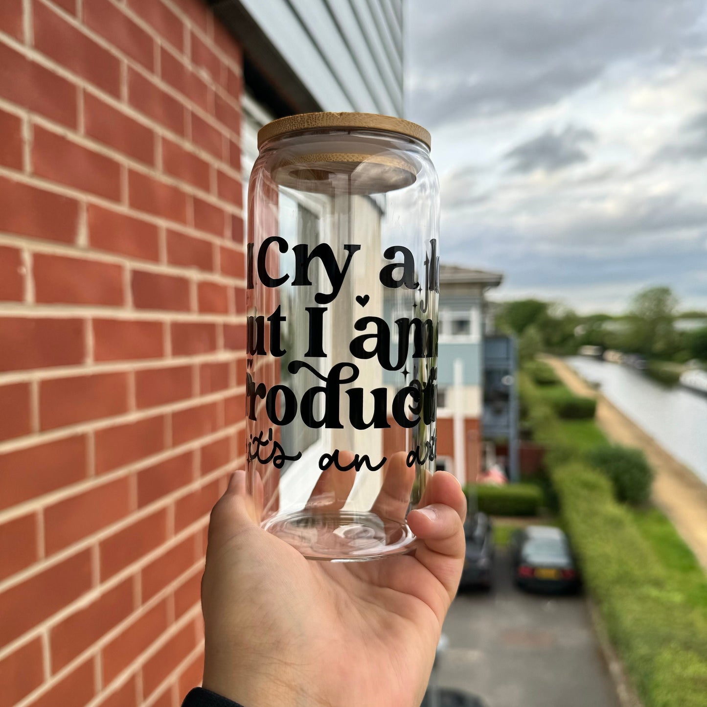 Eras tour Tswift TTPD Coffee Can Glass, I cry alot but I am so Productive glass can,16oz Beer Can Glass with Bamboo Lid and Glass Straw