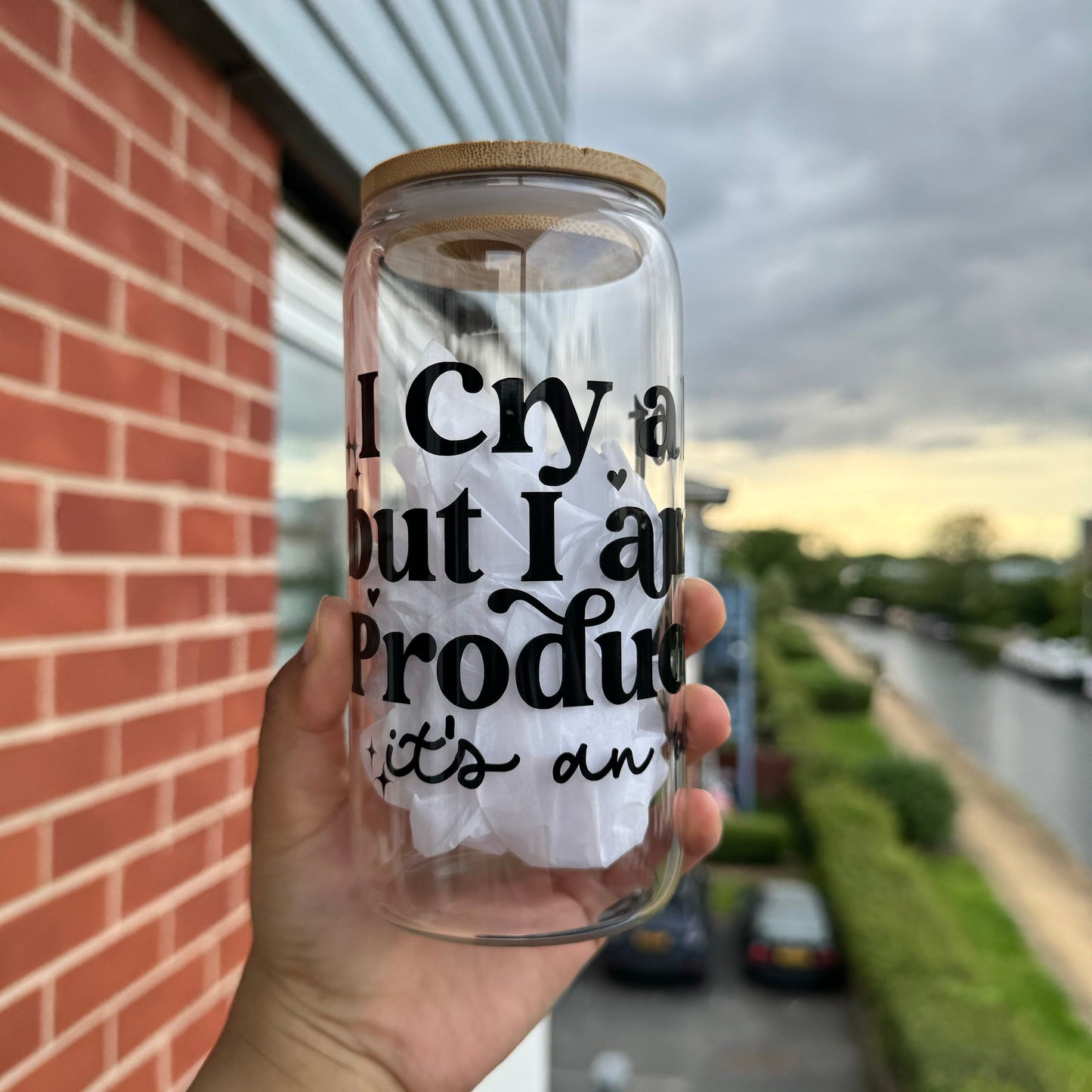 Eras tour Tswift TTPD Coffee Can Glass, I cry alot but I am so Productive glass can,16oz Beer Can Glass with Bamboo Lid and Glass Straw