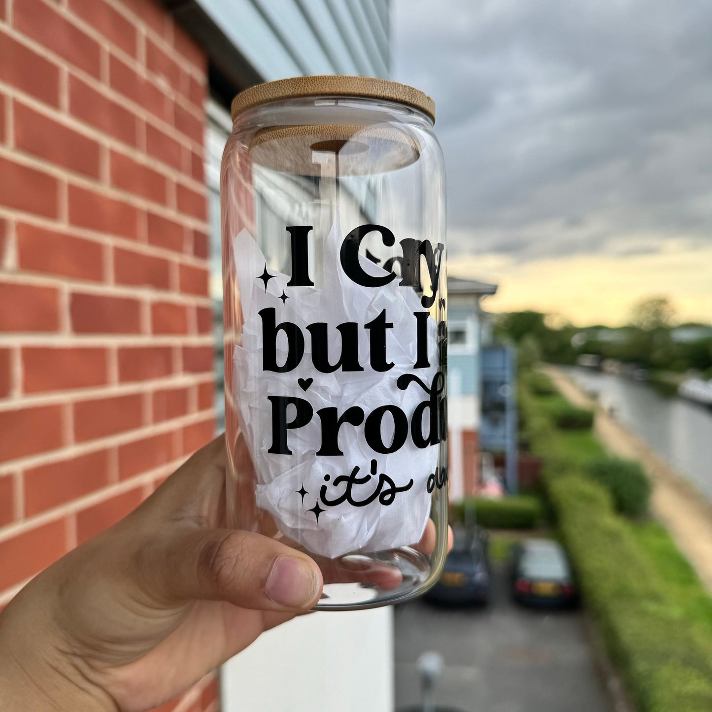Eras tour Tswift TTPD Coffee Can Glass, I cry alot but I am so Productive glass can,16oz Beer Can Glass with Bamboo Lid and Glass Straw
