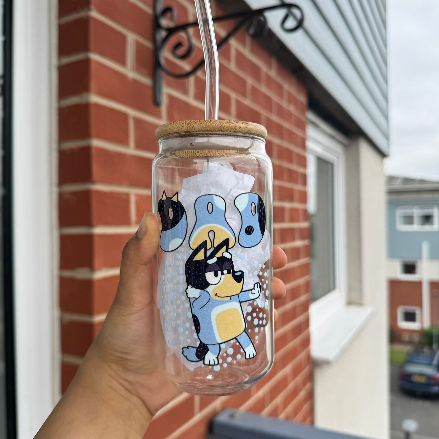 Blue Bandit Best Dad Iced Coffee Can Glass, 16oz Beer Can Glass with Bamboo Lid and Glass Straw,Father’s day Can Glass,Beer Lover Dad