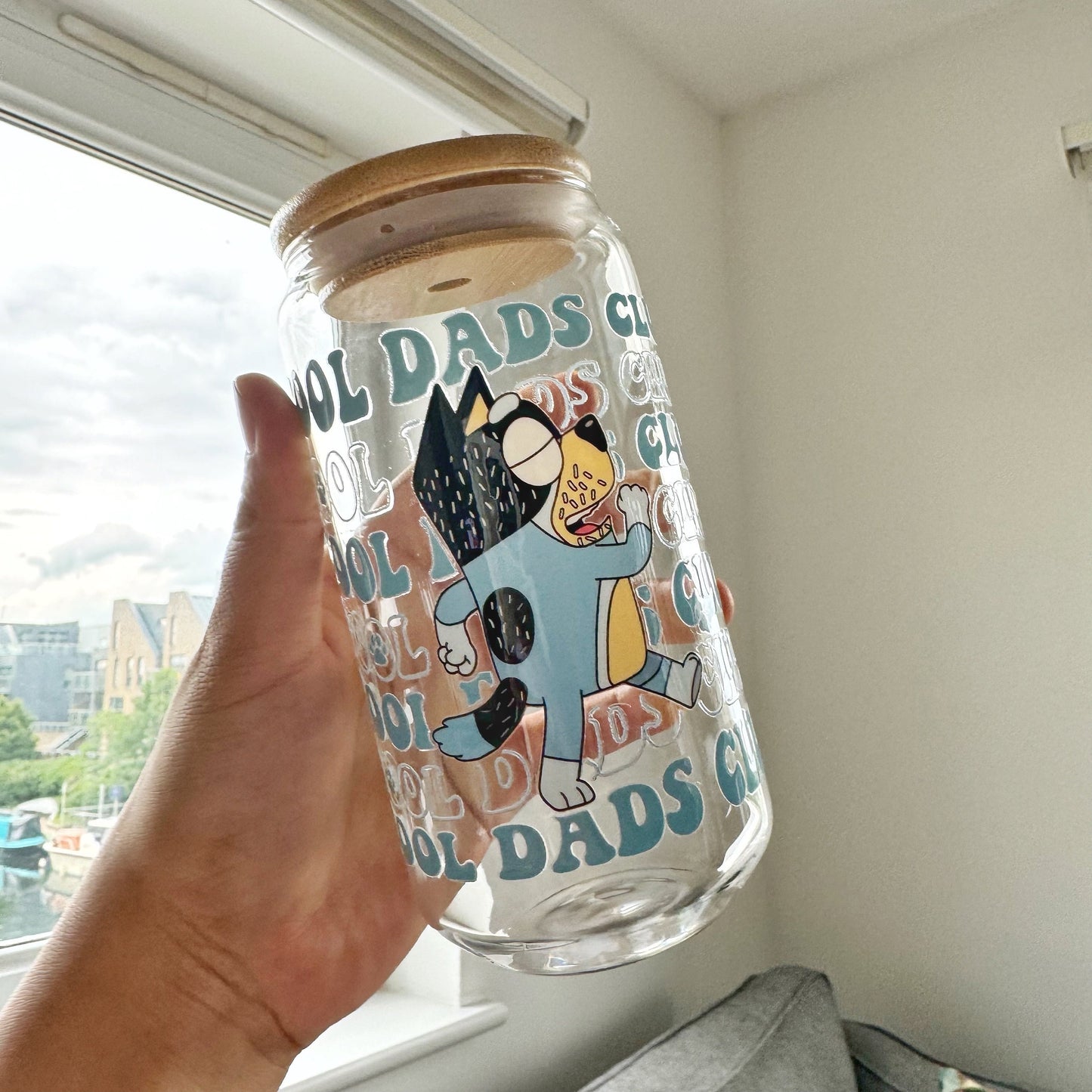Blue Bandit Best Dad Iced Coffee Can Glass, 16oz Beer Can Glass with Bamboo Lid and Glass Straw,Father’s day Can Glass,Beer Lover Dad