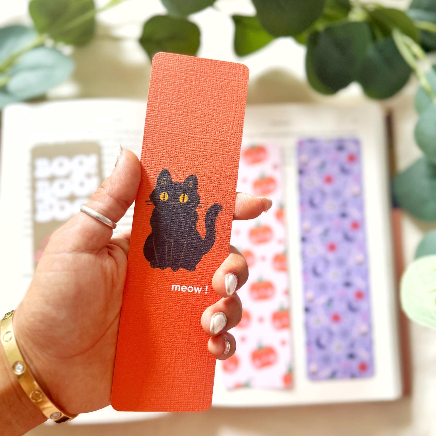 Spooky Cat Bookmark for Book Lovers double sided ,Meow Bookmark ,Cute Halloween Linen Bookmark, Booklover Gift,Kitty Bookmark for book lover