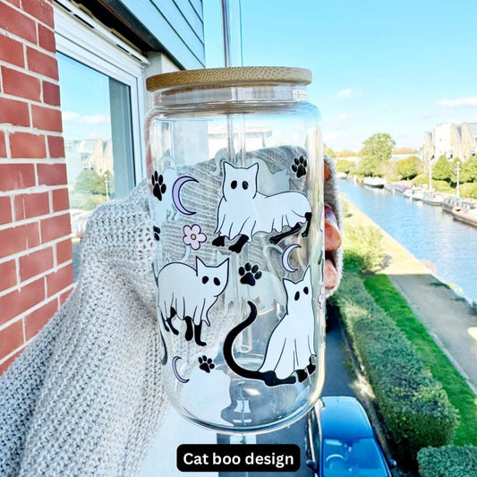Cat Boo Iced Coffee Can Glass, Winter Holidays Cat Lover 16oz Can Glass with Bamboo Lid and Glass Straw , Cat lover gift for Christmas