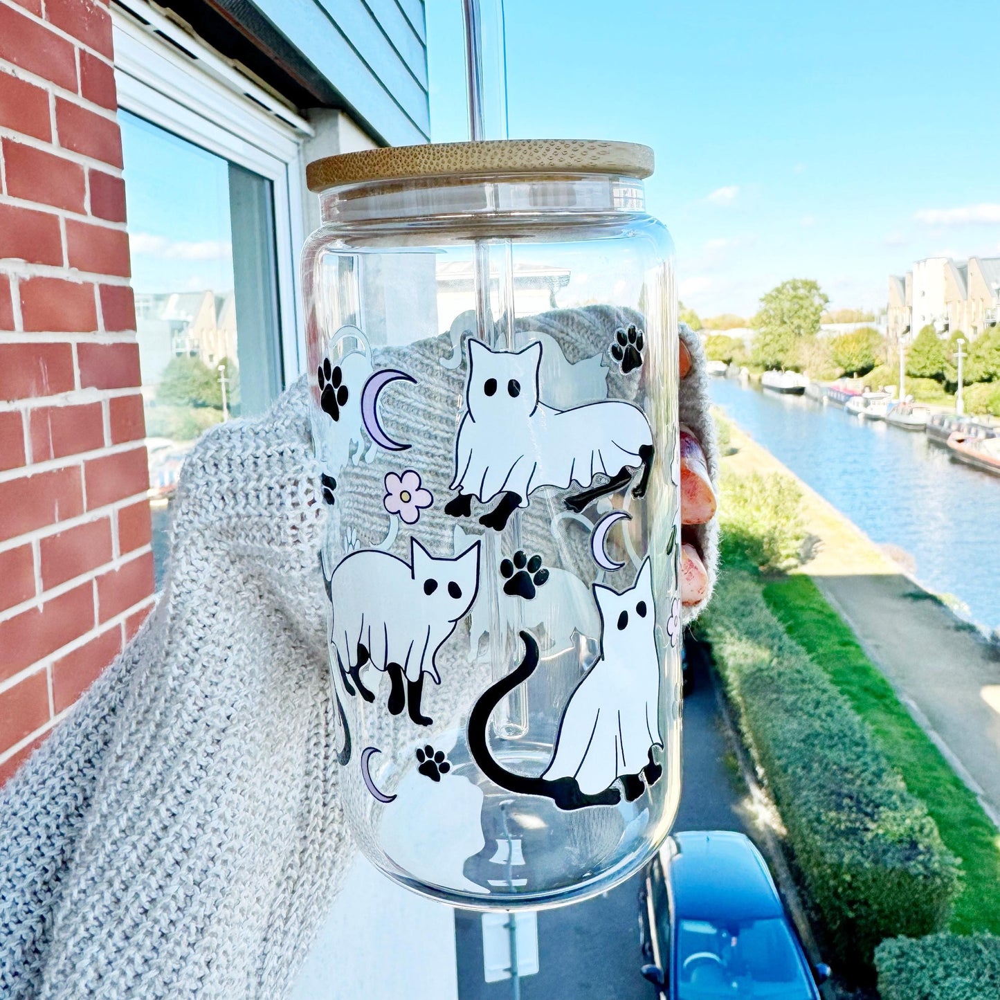 Cat Boo Iced Coffee Can Glass, Winter Holidays Cat Lover 16oz Can Glass with Bamboo Lid and Glass Straw , Cat lover gift for Christmas