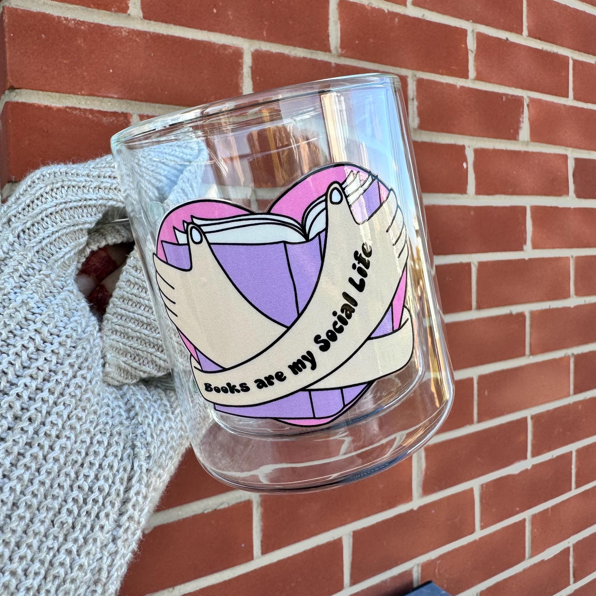 Book lover glass coffee mug . Books are my social life mug. Glass mug .Gift for book lover, Bibliophile gift .Bookish mug 13oz Double walled