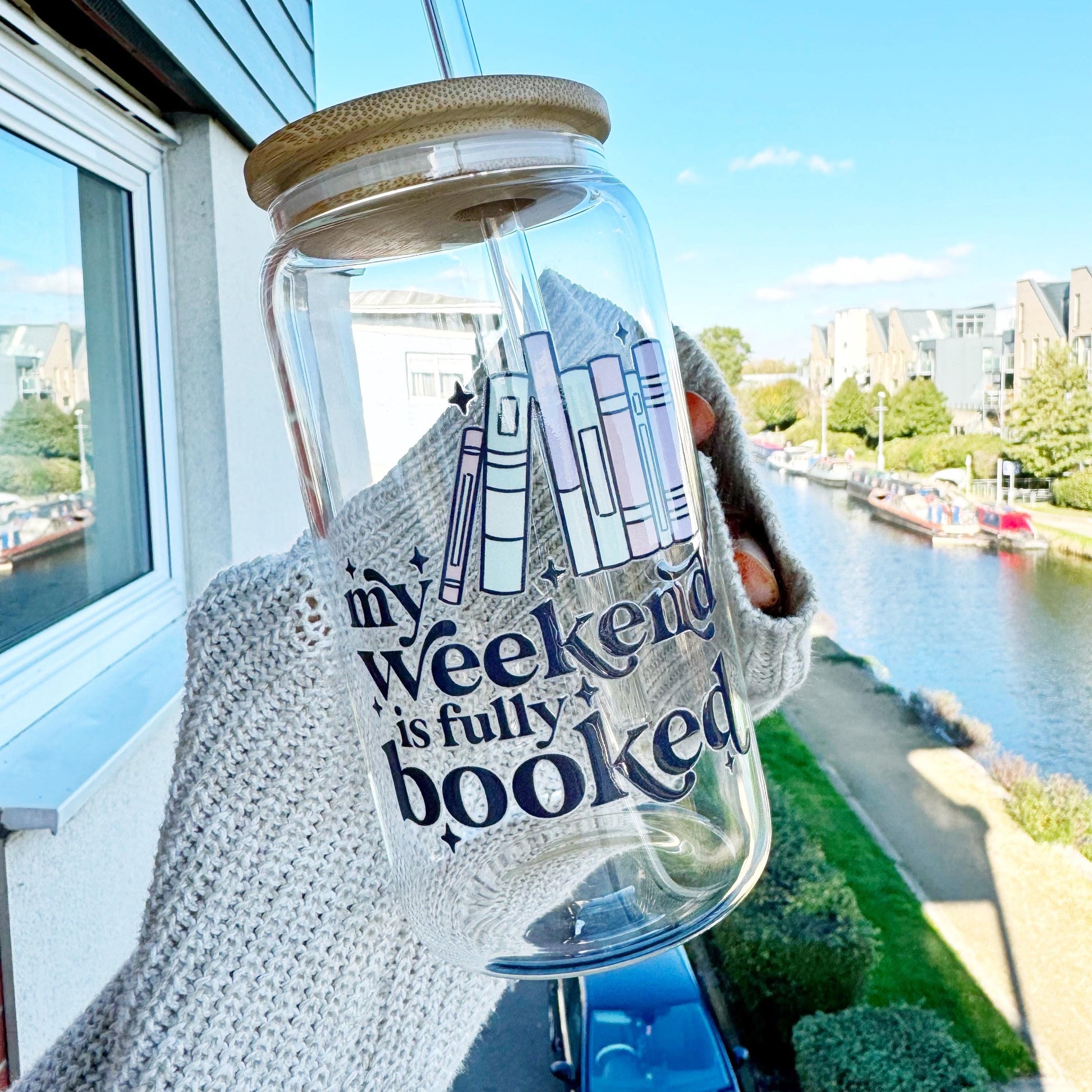 Book Lover Iced Coffee Can Glass, 16oz Beer Can Glass with Bamboo Lid and Glass Straw, My Weekend is fully booked Coffee glass cup