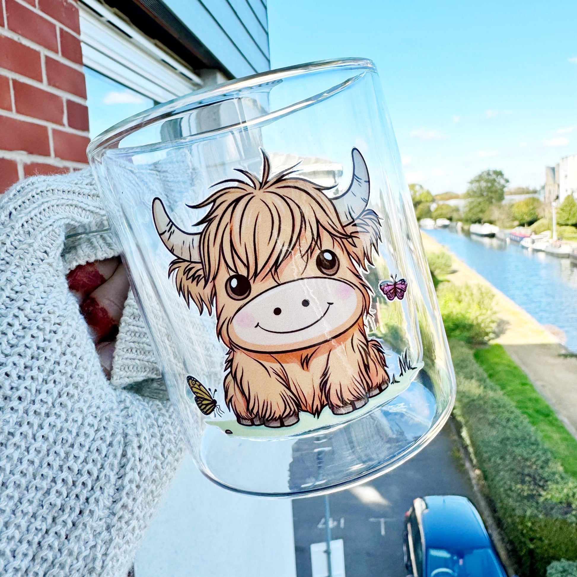 Highland cow Coffee Cup,Highland Cow double walled coffee cup 13oz, scottish Cow Coffee Cup, Highland Cow Glass cup