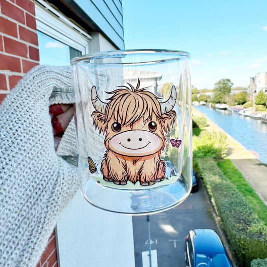 Highland cow Coffee Cup,Highland Cow double walled coffee cup 13oz, scottish Cow Coffee Cup, Highland Cow Glass cup