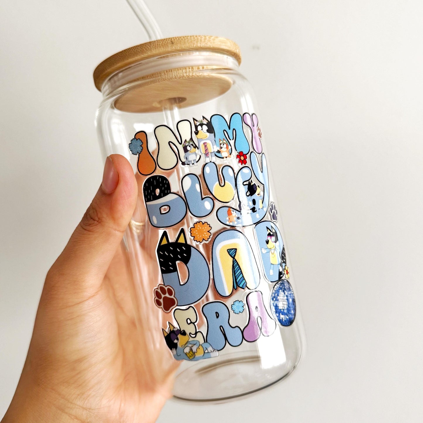 Blue Bandit Best Dad Iced Coffee Can Glass, 16oz Beer Can Glass with Bamboo Lid and Glass Straw,Dad Era, Father’s day Can Glass,Beer Lover
