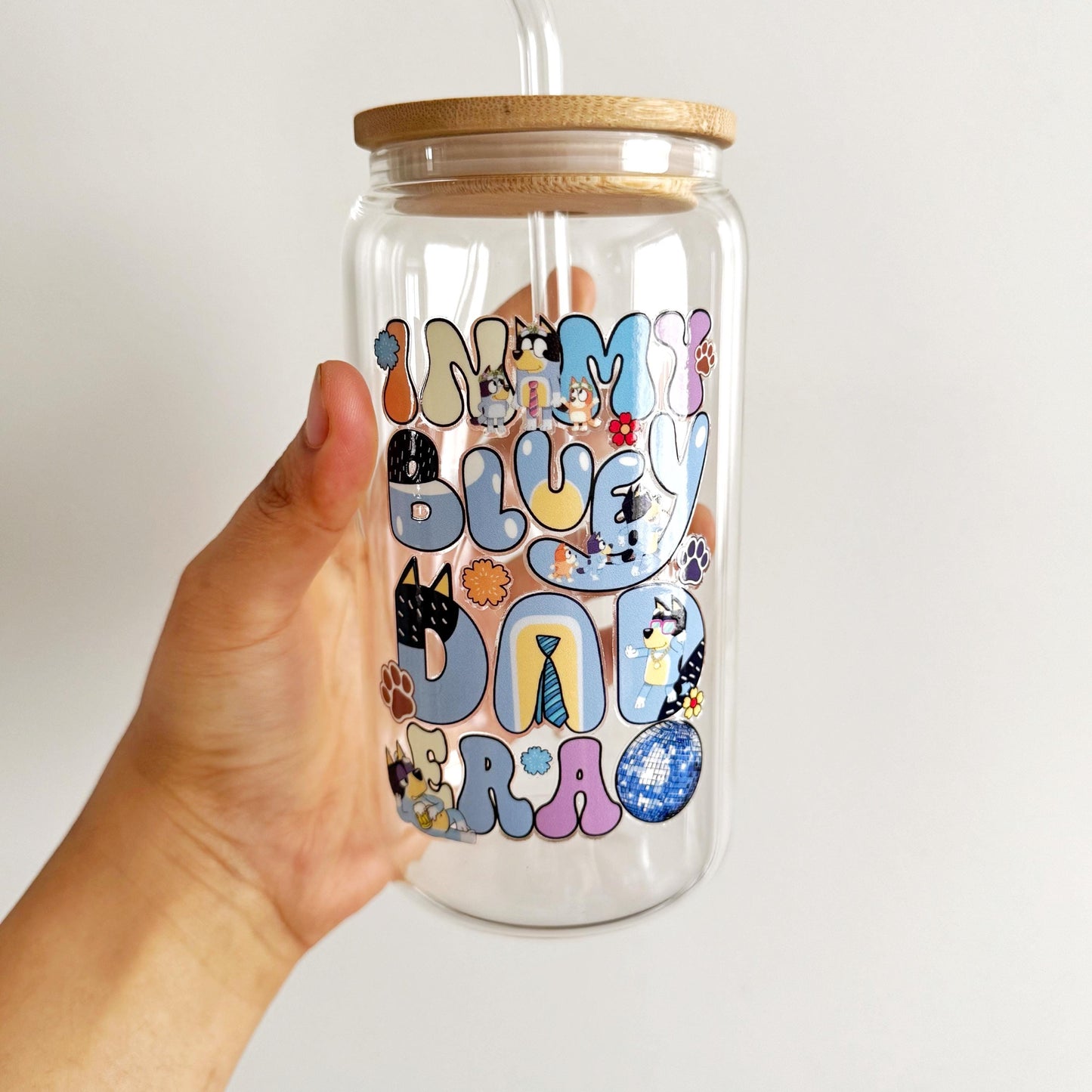 Blue Bandit Best Dad Iced Coffee Can Glass, 16oz Beer Can Glass with Bamboo Lid and Glass Straw,Dad Era, Father’s day Can Glass,Beer Lover