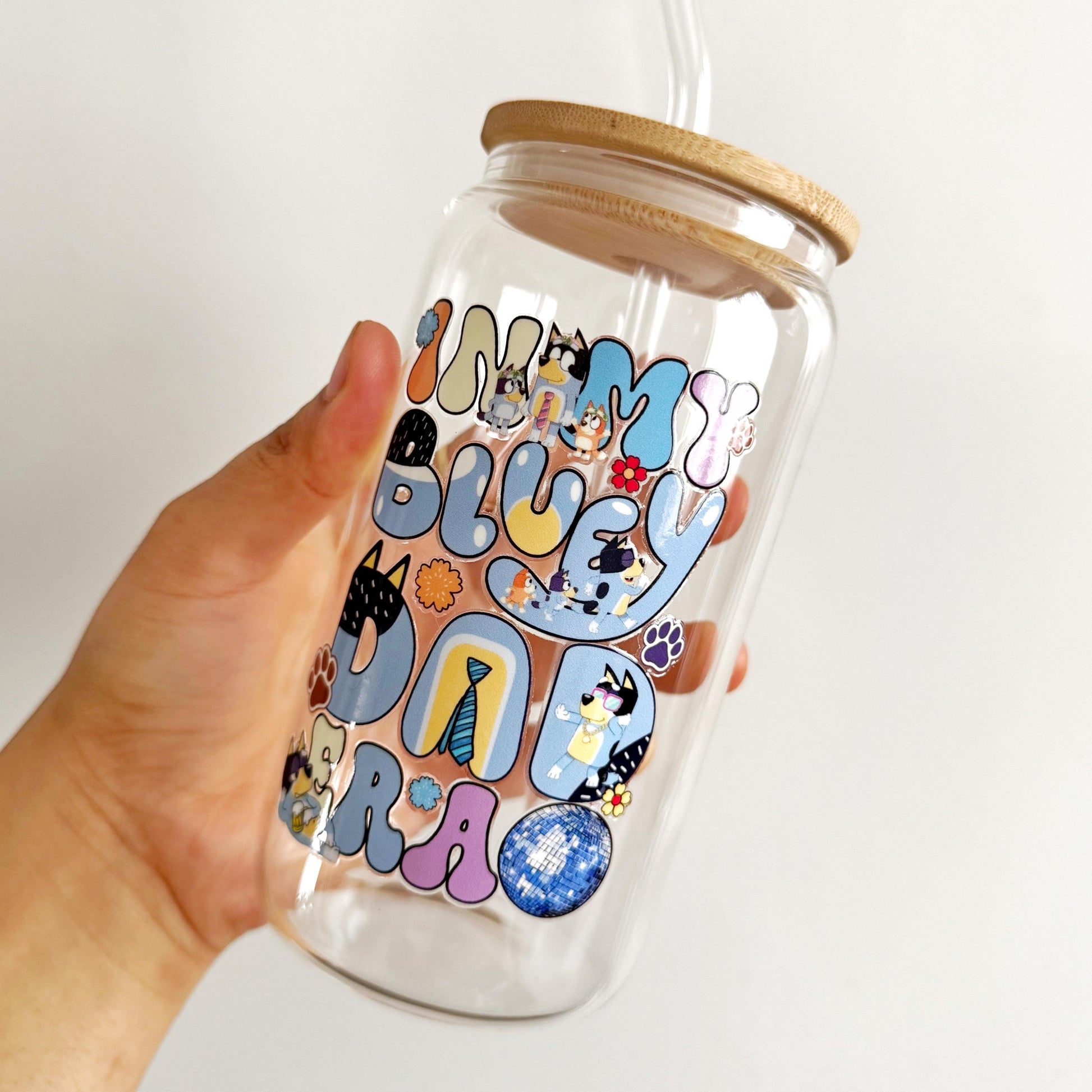 Blue Bandit Best Dad Iced Coffee Can Glass, 16oz Beer Can Glass with Bamboo Lid and Glass Straw,Dad Era, Father’s day Can Glass,Beer Lover