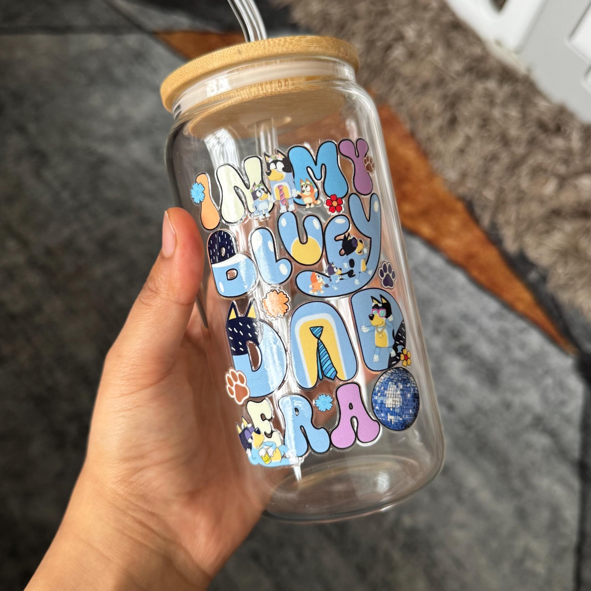 Blue Bandit Best Dad Iced Coffee Can Glass, 16oz Beer Can Glass with Bamboo Lid and Glass Straw,Dad Era, Father’s day Can Glass,Beer Lover