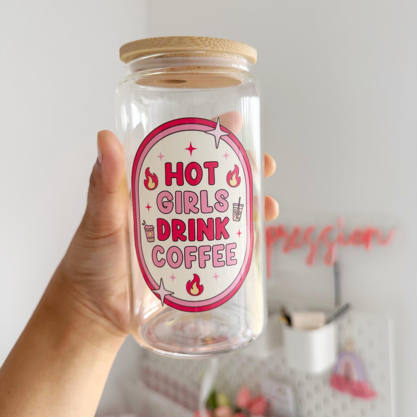 Hot Girls Drink Coffee Glass Can with Bamboo Lid and Glass Straw, 16oz Libbey Iced coffee cup, Coffee lover gifts, Cute Pink Girlie Gifts