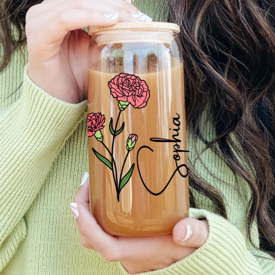 Custom Coffee Cup, Personalised Birthday Flower Glass, Glass With Straw, Birth Flower Tumbler, Bridesmaid Gift, Birthday Gift, Party Favor