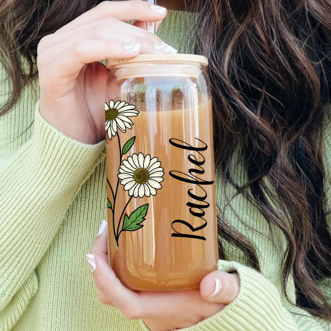 Custom Coffee Cup, Personalised Birthday Flower Glass, Glass With Straw, Birth Flower Tumbler, Bridesmaid Gift, Birthday Gift, Party Favor