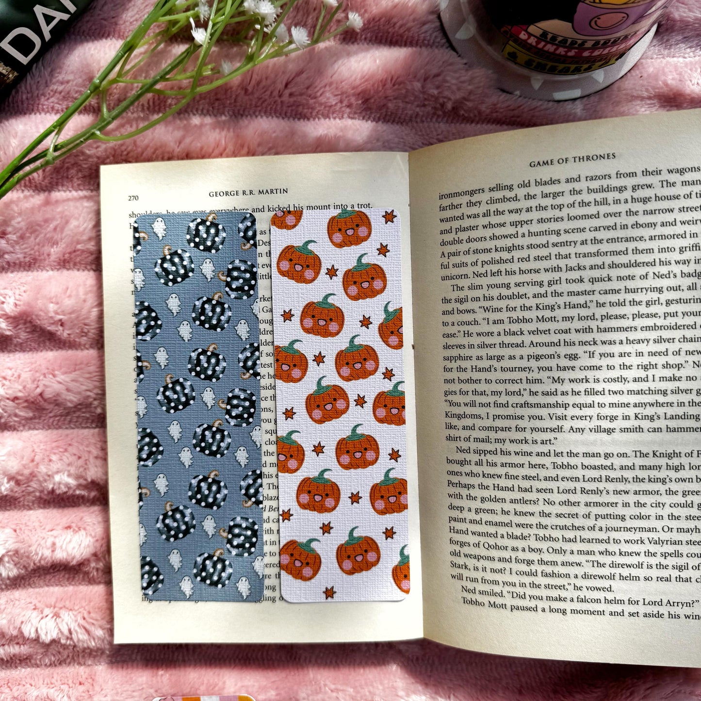 Fall Pumpkin and Ghost Bookmark for Book Lovers double sided ,Autumn Cute Pumpkin Linen Bookmark, Booklover Gift,Spooky treat book lovers