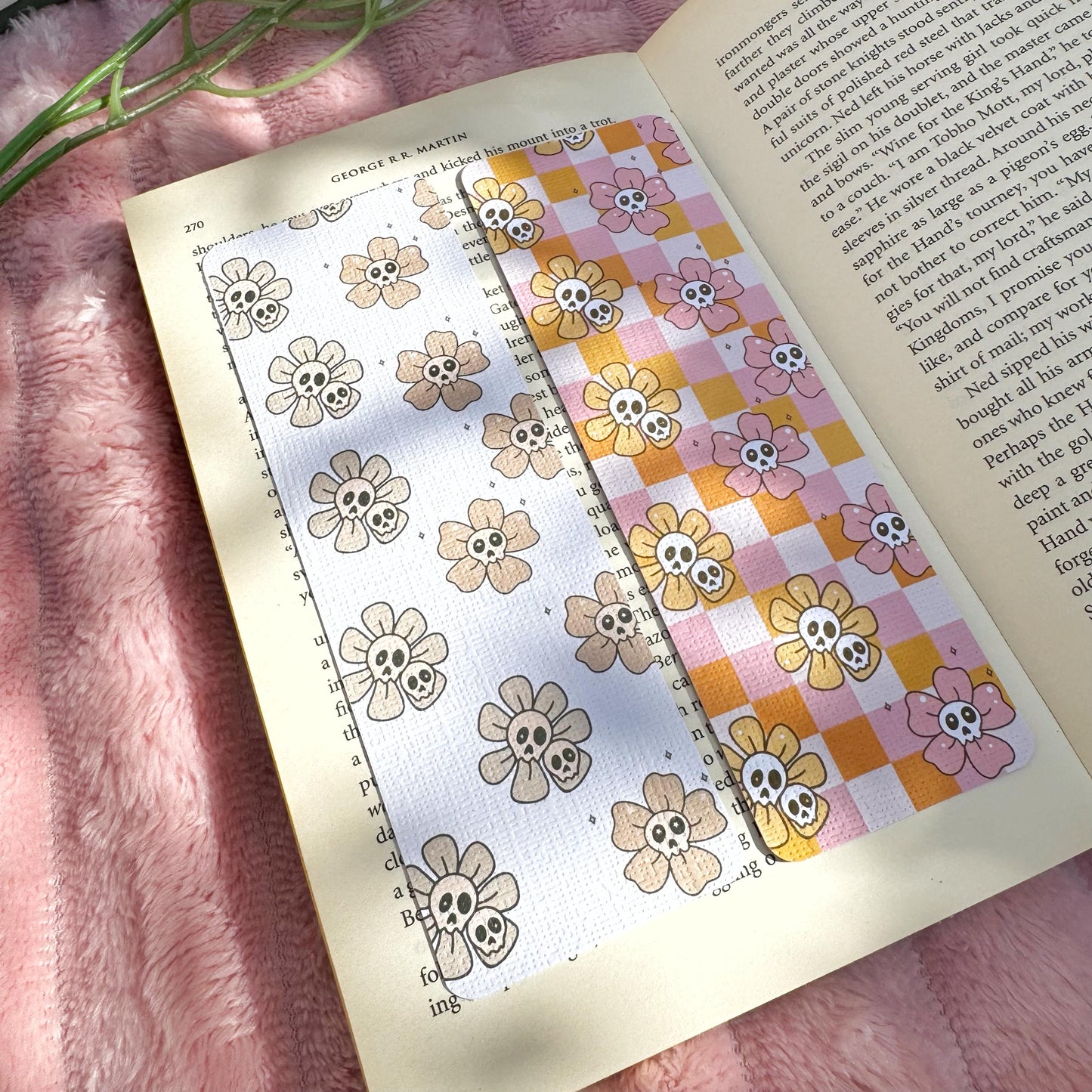 Fall Floral Ghosts Bookmark for Book Lovers double sided ,Autumn Cute Floral Linen Bookmark, Booklover Gift,Cute Pink Checkers bookmarks