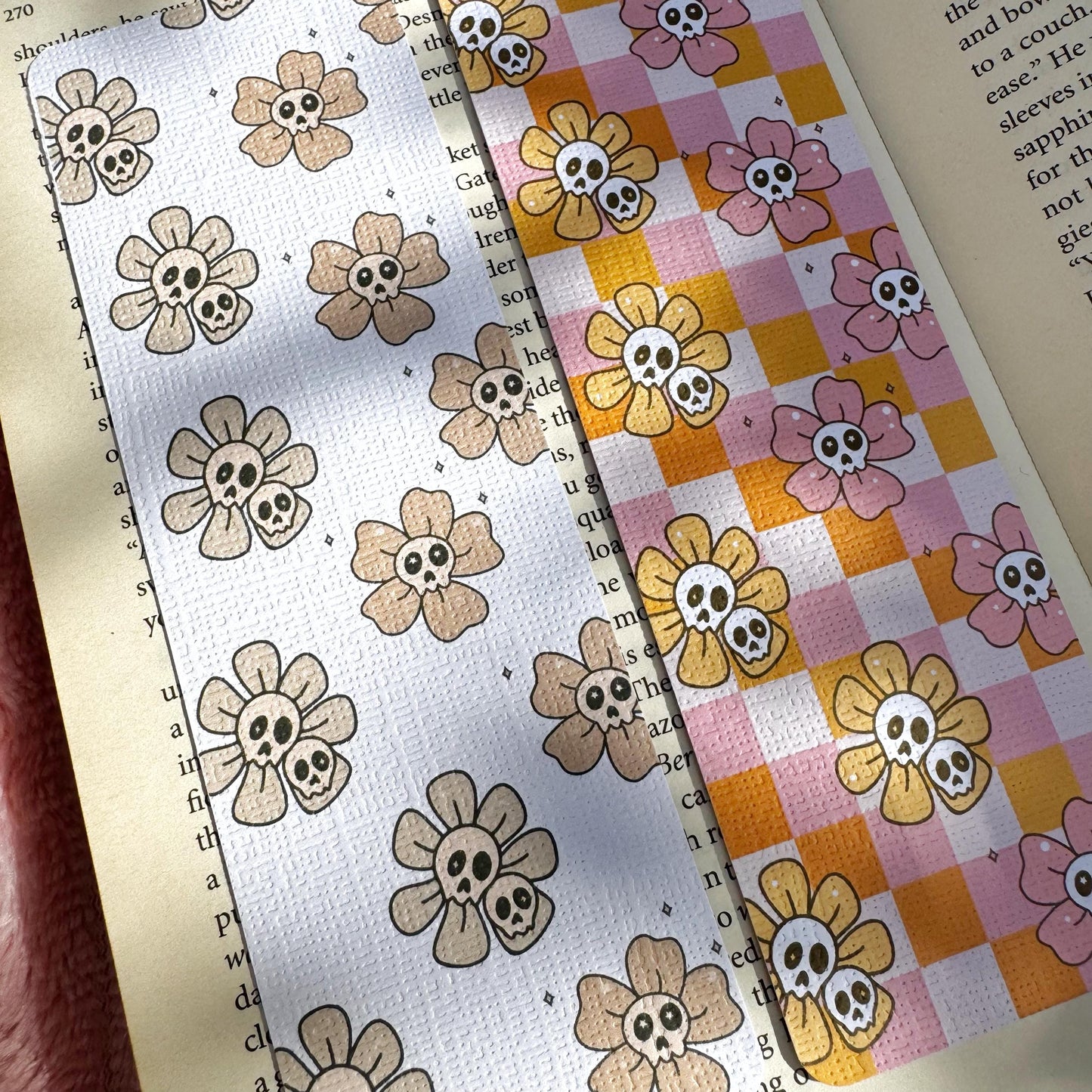 Fall Floral Ghosts Bookmark for Book Lovers double sided ,Autumn Cute Floral Linen Bookmark, Booklover Gift,Cute Pink Checkers bookmarks