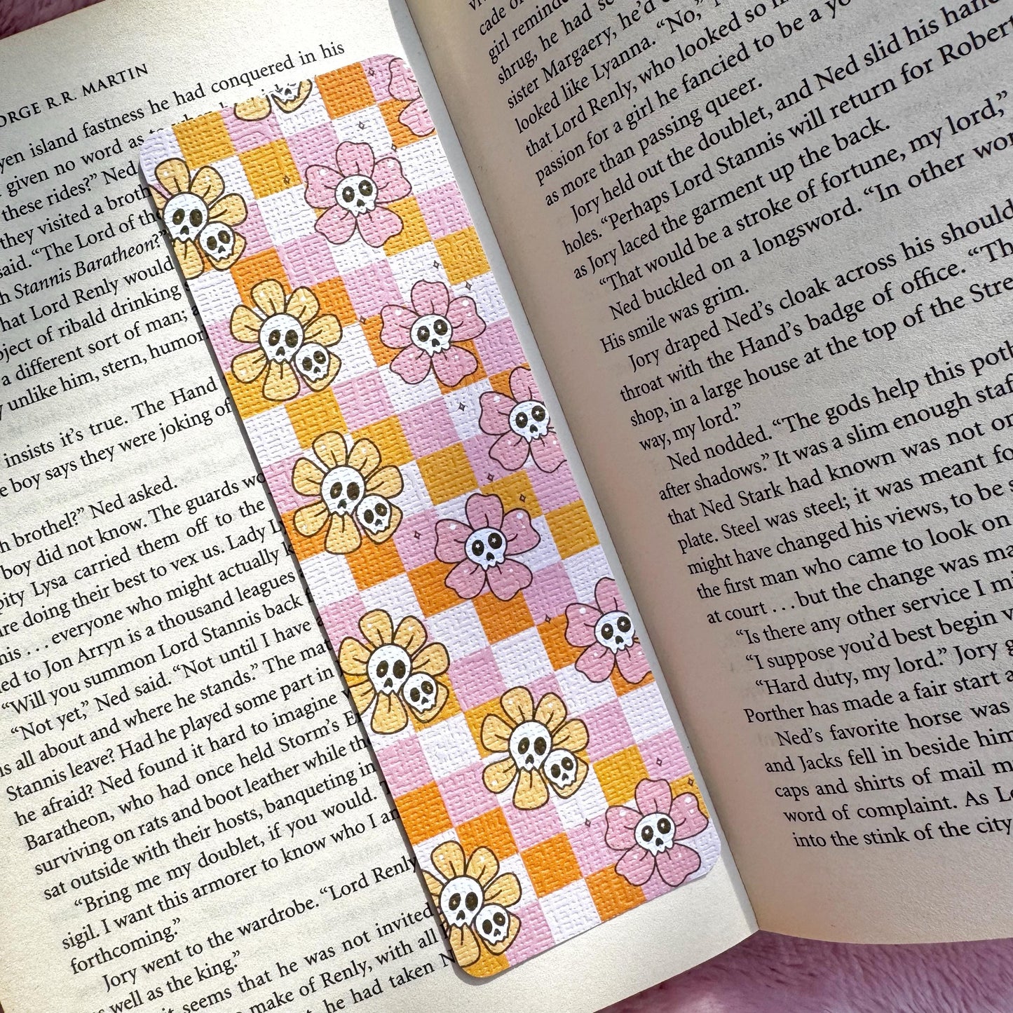 Fall Floral Ghosts Bookmark for Book Lovers double sided ,Autumn Cute Floral Linen Bookmark, Booklover Gift,Cute Pink Checkers bookmarks