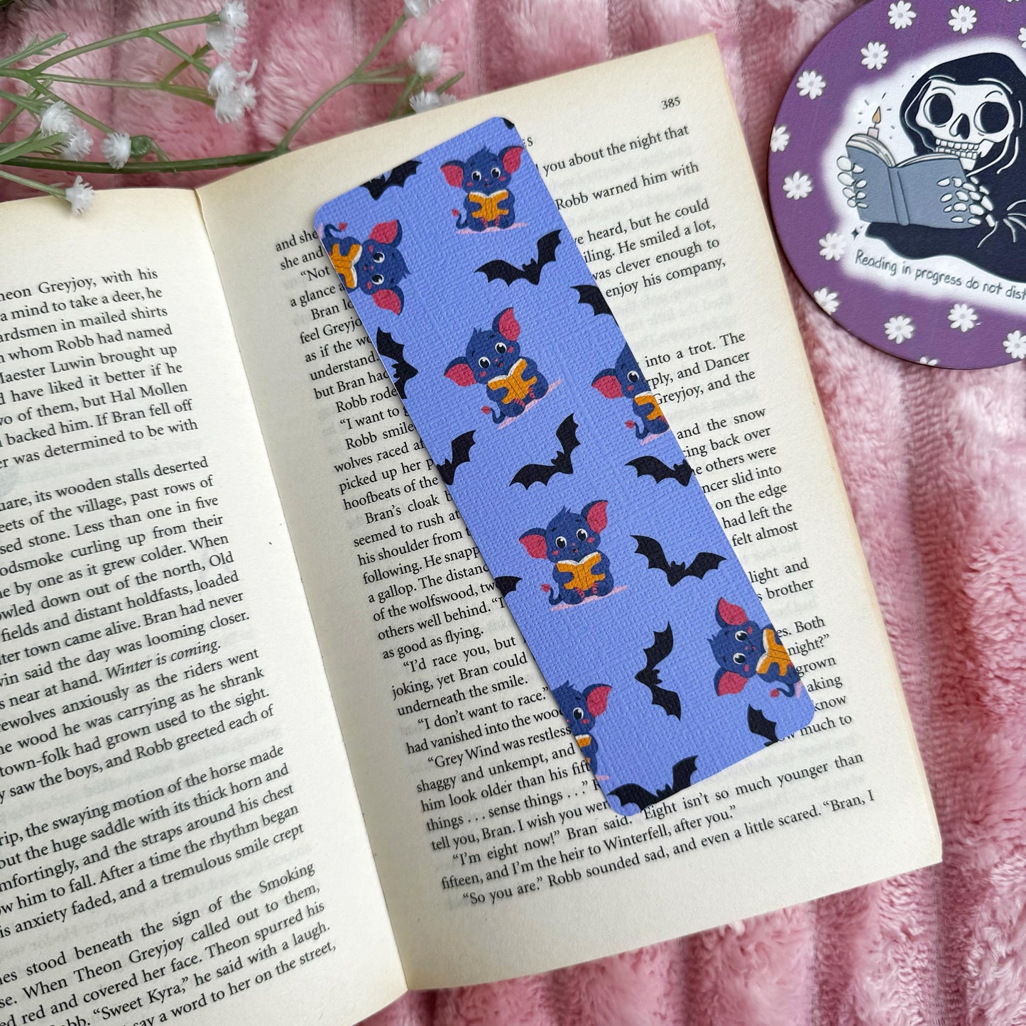 Cute Bat Halloween Bookish Bookmark, Doublesided Linen Tasseled Bookmark, Purple Witchy Bat Bookish Reader Bookmark, Cute Bat reading Books