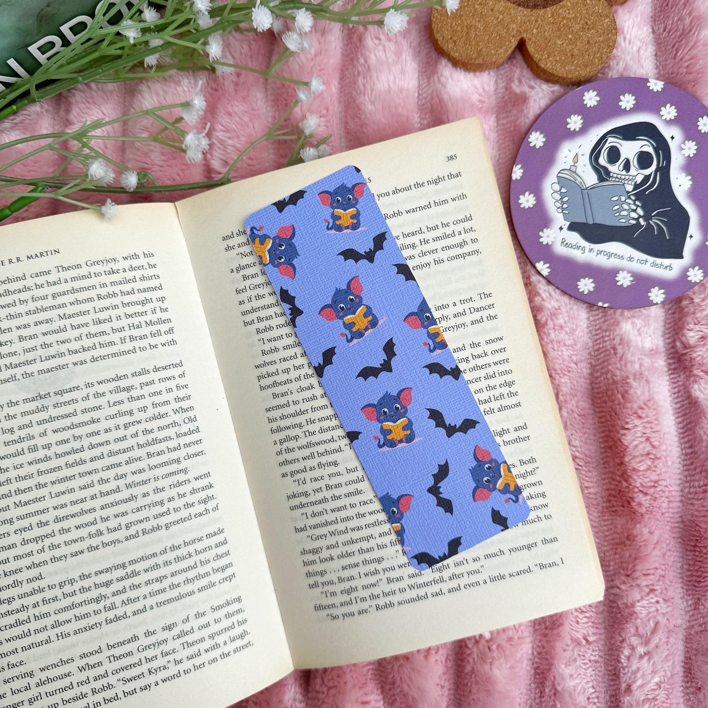 Cute Bat Halloween Bookish Bookmark, Doublesided Linen Tasseled Bookmark, Purple Witchy Bat Bookish Reader Bookmark, Cute Bat reading Books