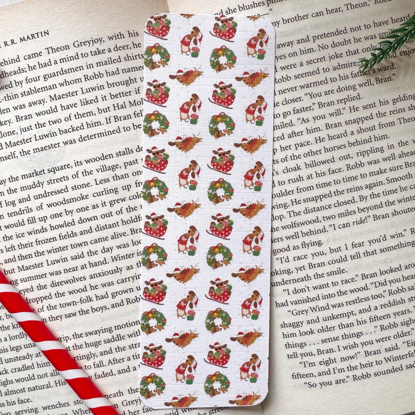 Dachshund Christmas Bookmark, Double Side 2x6 inch Linen Paper Gift
