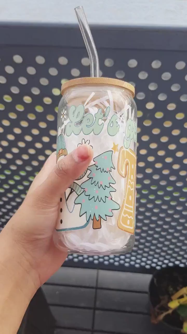 Snowman Lets Get Joy to the world Christmas Gift Glass Tumbler16 oz with glass straw, Brew Tumbler, Beer Cans, Holiday,Secret Santa Gift