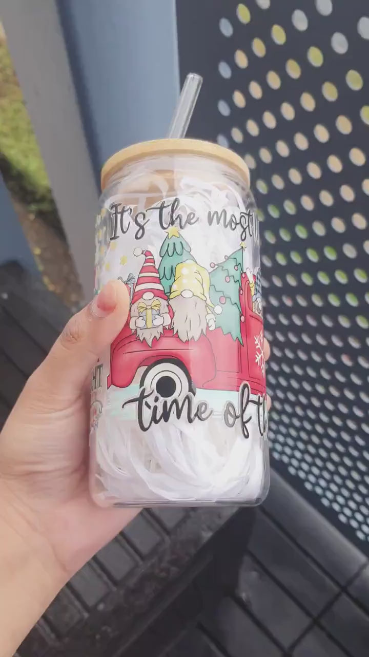 Christmas Truck Gnome glass tumbler 16oz with glass straw, Brew Glass Tumbler, Candy Cans Holiday and Christmas Gifts, Secret Santa Gifts
