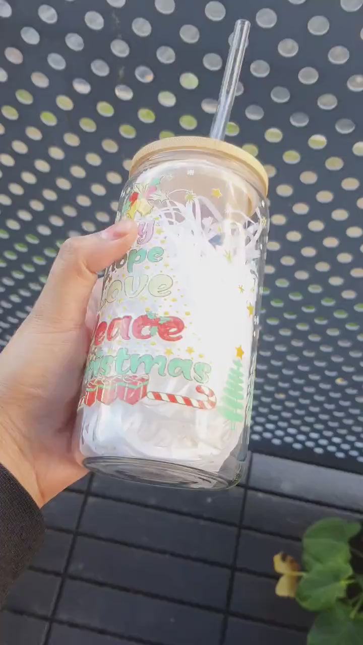 Joy Hope Love Peace Christmas  Glass Tumbler 16 oz with glass straw, Brew Tumbler, Beer Cans Holiday and Christmas Gift, Secret Santa Gifts