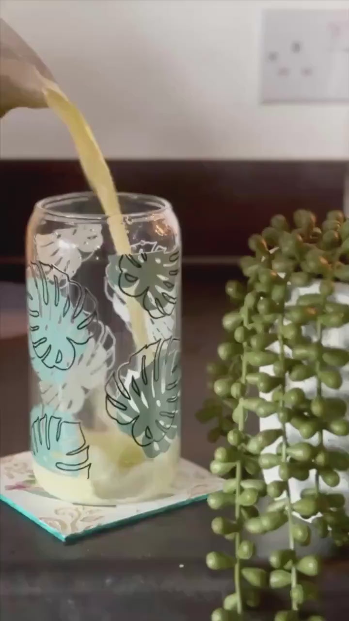 Green Tropical Leaves themed Glass Tumbler 16 oz for Plant lovers , Libby Cup Monstera Leave theme gifts, Go Green Gift, Iced coffee Tumbler