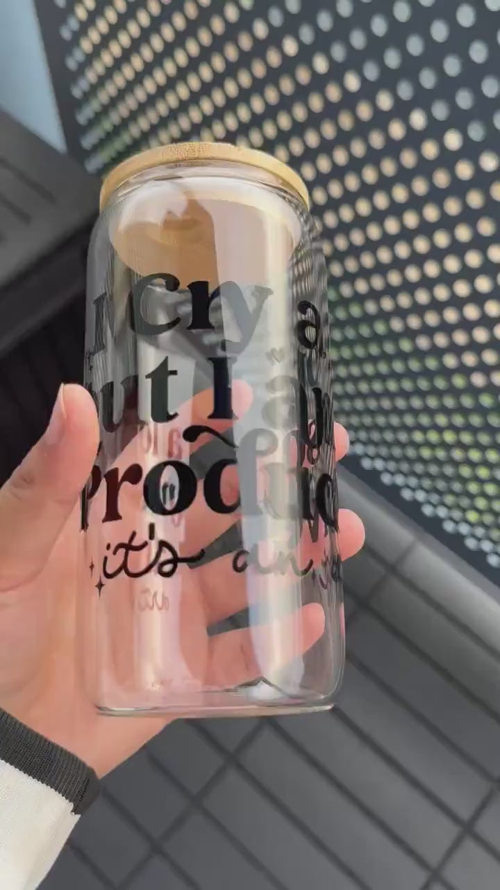 Eras tour Tswift TTPD Coffee Can Glass, I cry alot but I am so Productive glass can,16oz Beer Can Glass with Bamboo Lid and Glass Straw