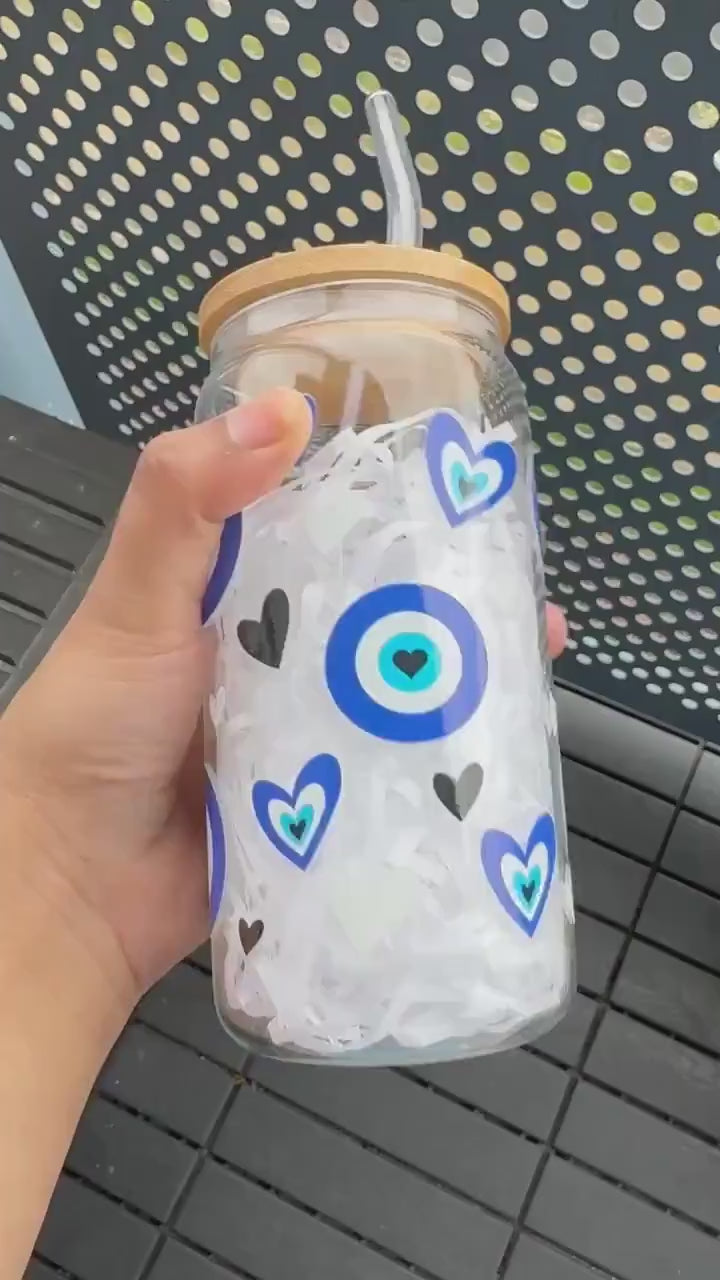 Blue Evil Eye Glass Tumbler, 16 oz Libby Cup - Heart Design, Perfect Gift for Loved Ones, Iced Coffee, Show Care