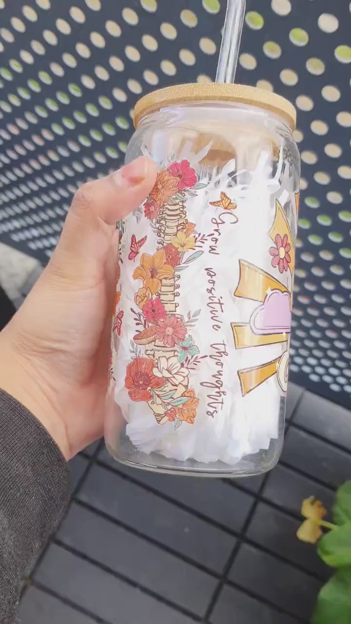 You are Enough Themed Positivity and Affirmation Gift Glass Tumbler 16 oz, Iced Coffee Tumbler for her,Wildflower Girl Tumbler all occasion