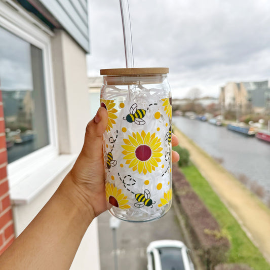 Sunflower and Honey Bee Themed Glass Tumbler 16 oz