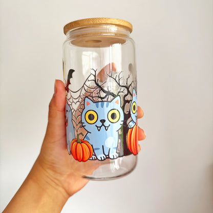 Spooky Cat Pumpkin Iced coffee Glass Can With Bamboo Lid and Straw