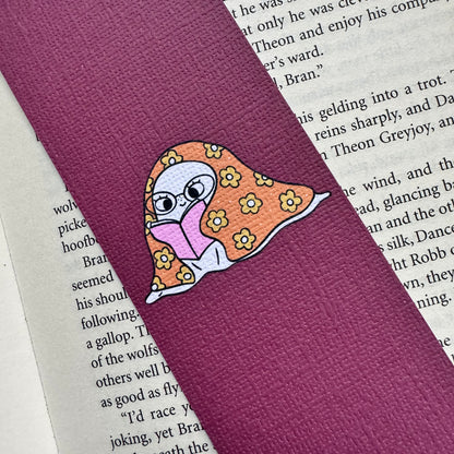 Winter Ghostie Bookworm linen bookmark, Holiday Cozy Read bookmark