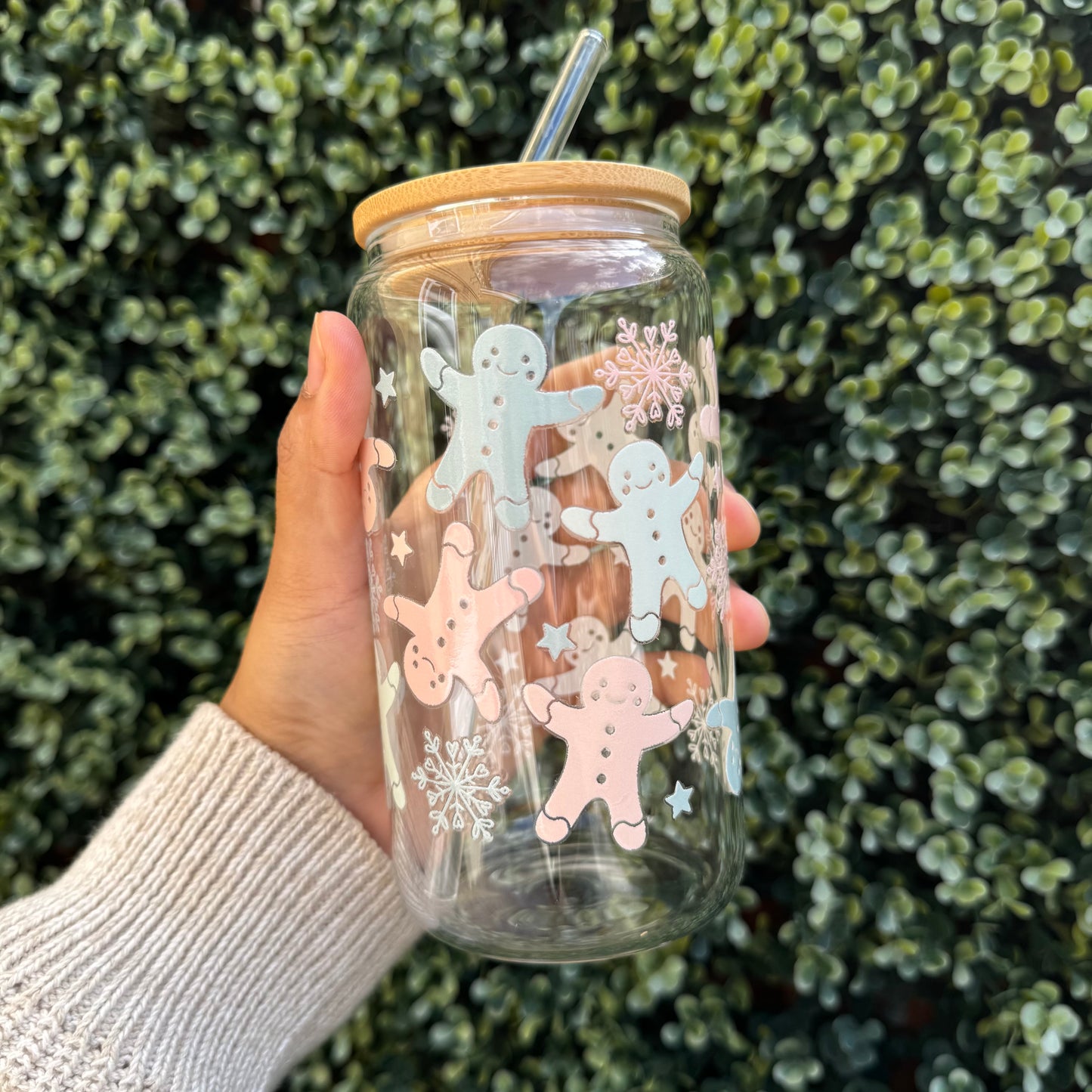 Christmas Gingerbread pastel Iced coffee Glass Can With Bamboo Lid and Straw
