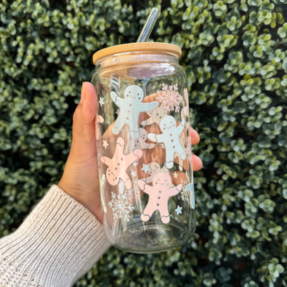 Christmas Gingerbread pastel Iced coffee Glass Can With Bamboo Lid and Straw
